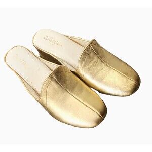 Daniel Green Gold Glamour Womens Slippers 9M Kidskin Leather Wedge Mules Slip-on